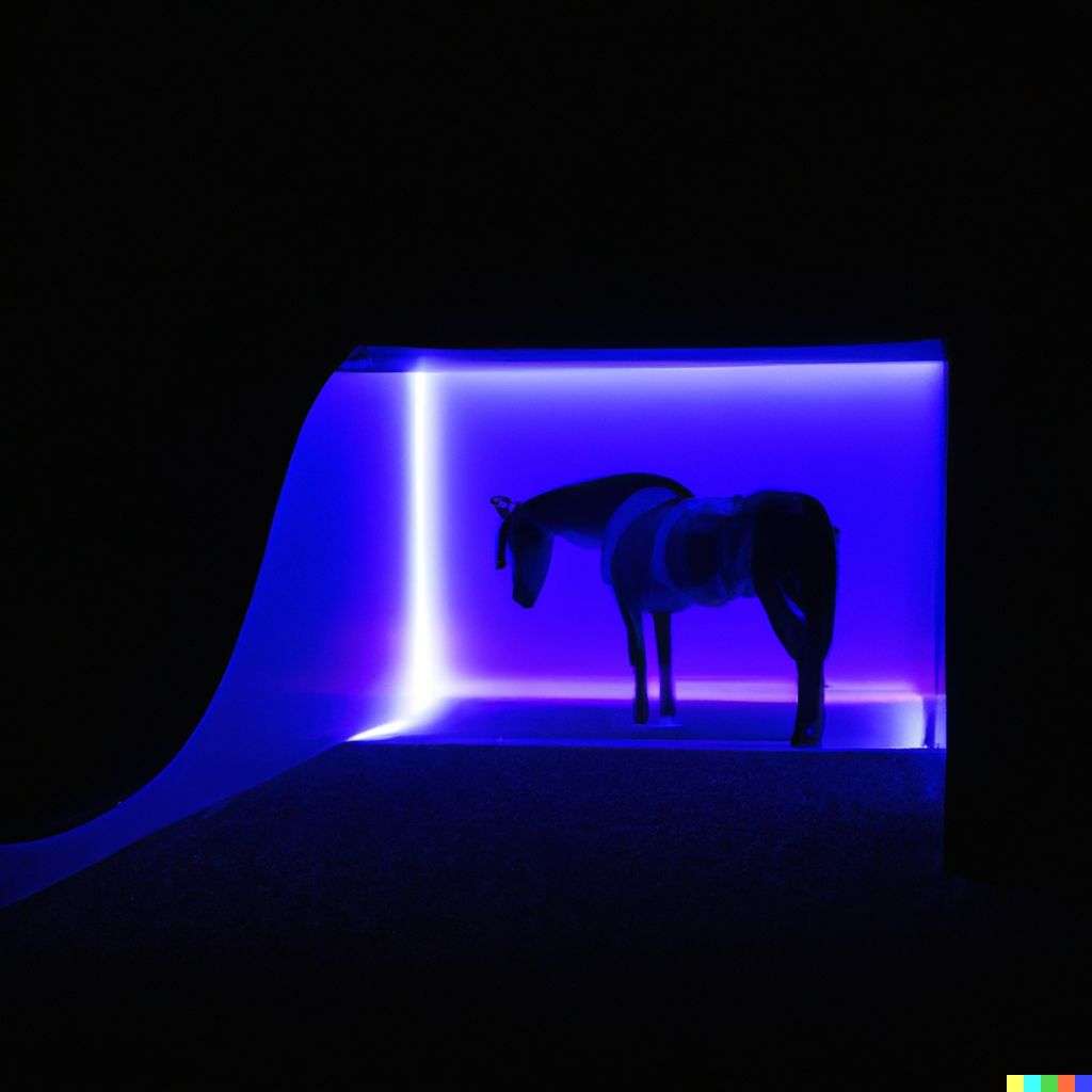 a horse in a light installation by James Turrell, photograph